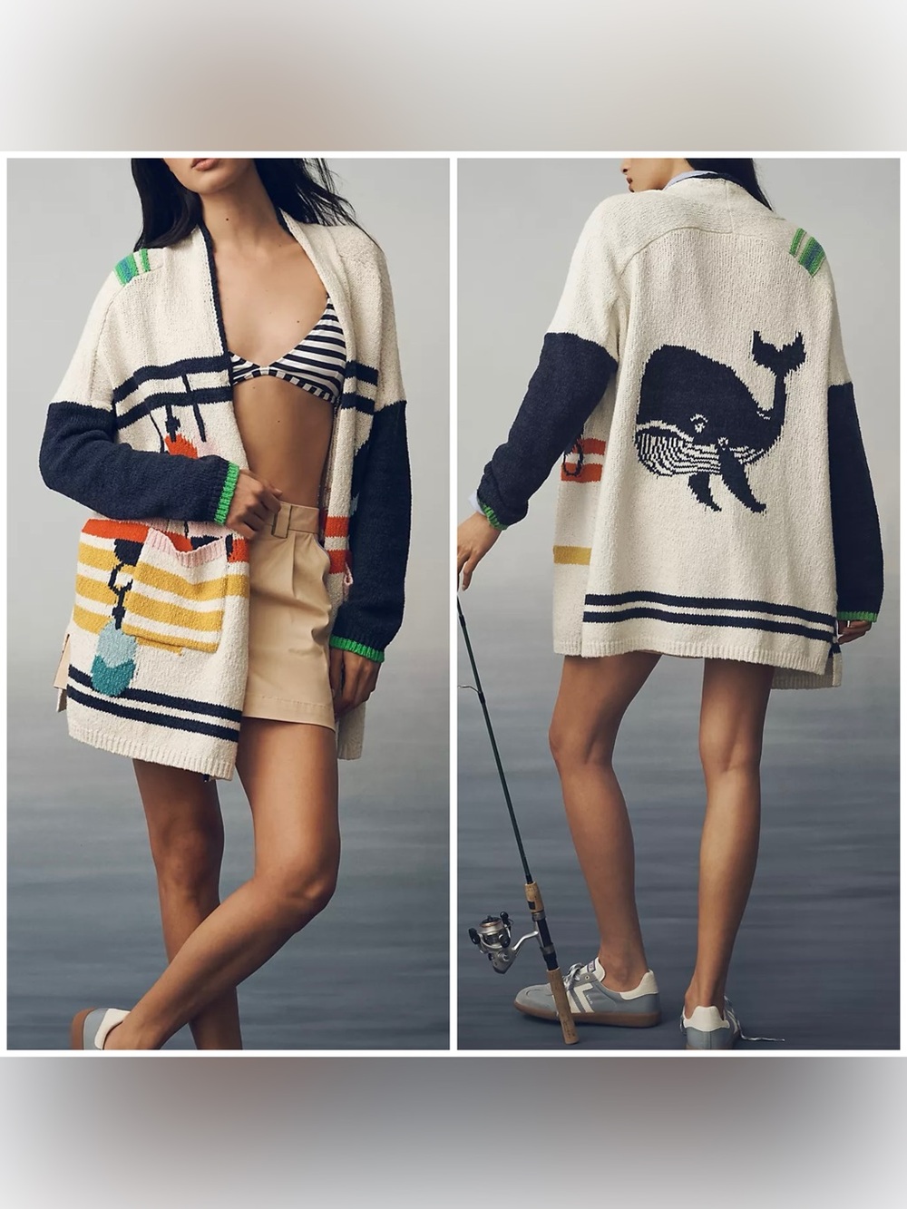 Anthropologie Cream Navy Striped Whale Cardigan with Colorful Accents